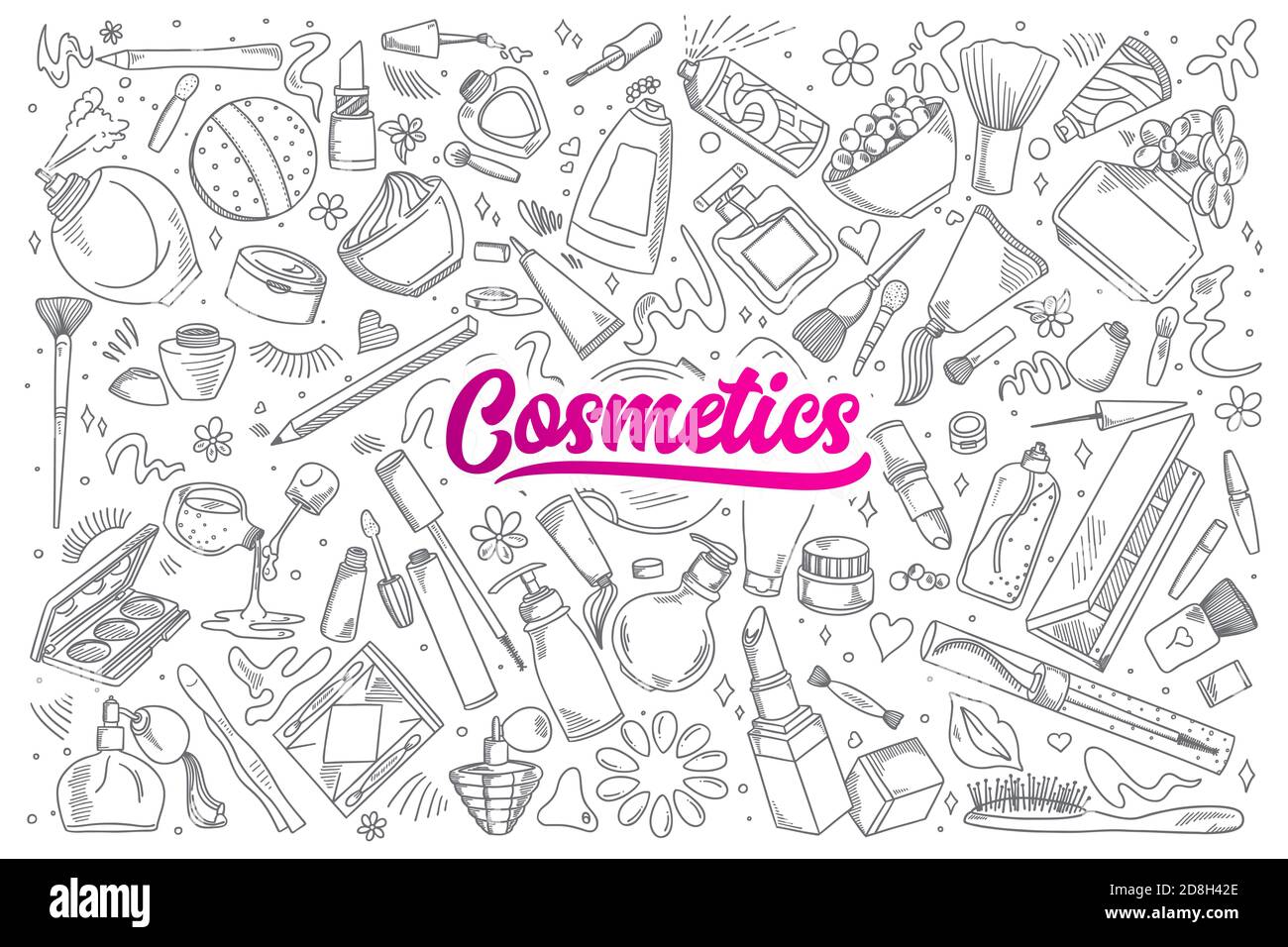 Set di doodles cosmetici disegnati a mano con lettere in vettore Foto Stock