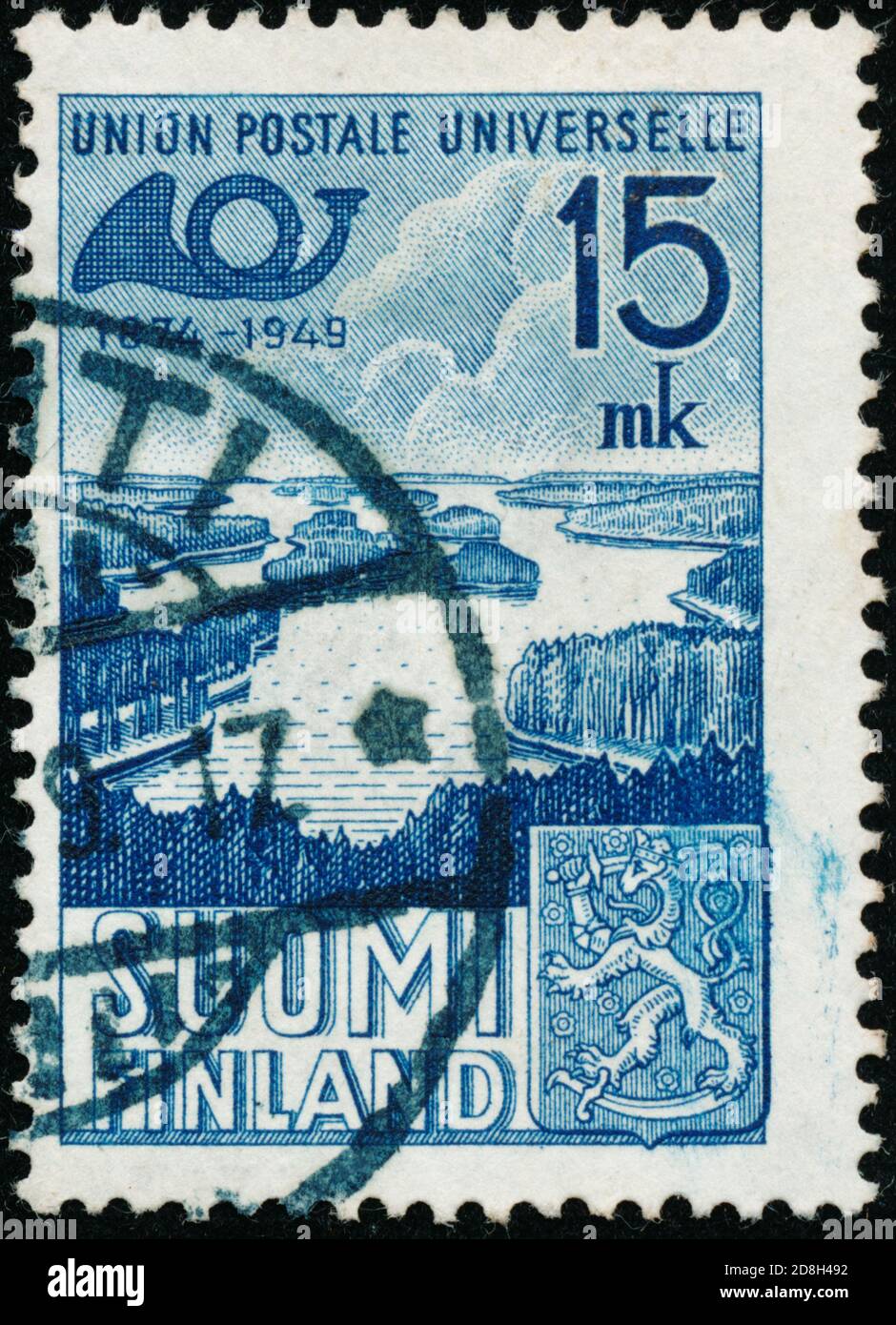 POLTAVA, UCRAINA - 30 ottobre 2020. Francobollo d'epoca stampato in Finlandia intorno al 1949 mostra 75° anniversario dell'Unione postale universale Foto Stock