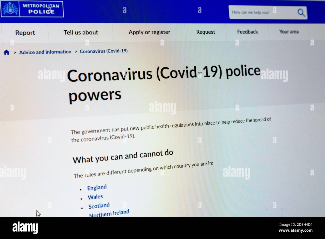 Consulenza sito web della polizia - poteri di polizia coronavirus Foto Stock