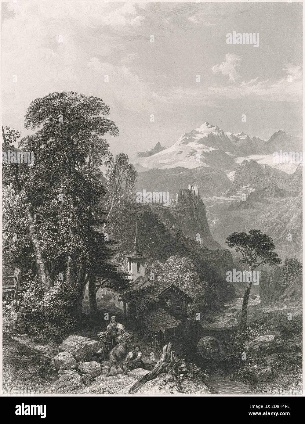 Incisione antica c1870, Val San Nicola (Svizzera) dopo la pittura di J.D. Harding. FONTE: INCISIONE ORIGINALE Foto Stock