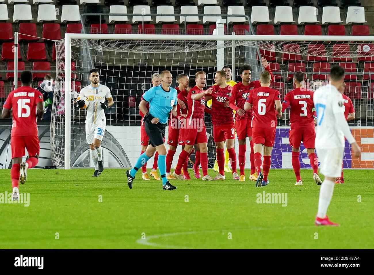 Celebrazione AZ Alkmaar durante la UEFA Europa League, Group Stage, Gruppo F partita di calcio tra AZ Alkmaar e HNK Rijeka il 29 ottobre 2020 a C Foto Stock