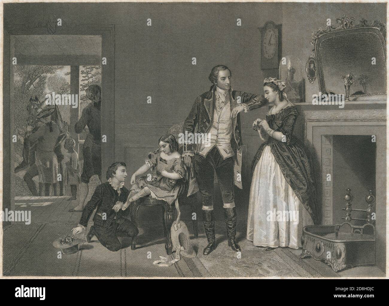Antica incisione del 1856, la prima intervista di Washington con la signora Custis dopo la signora Washington, dopo la pittura di Alonso Chappel. FONTE: INCISIONE ORIGINALE Foto Stock