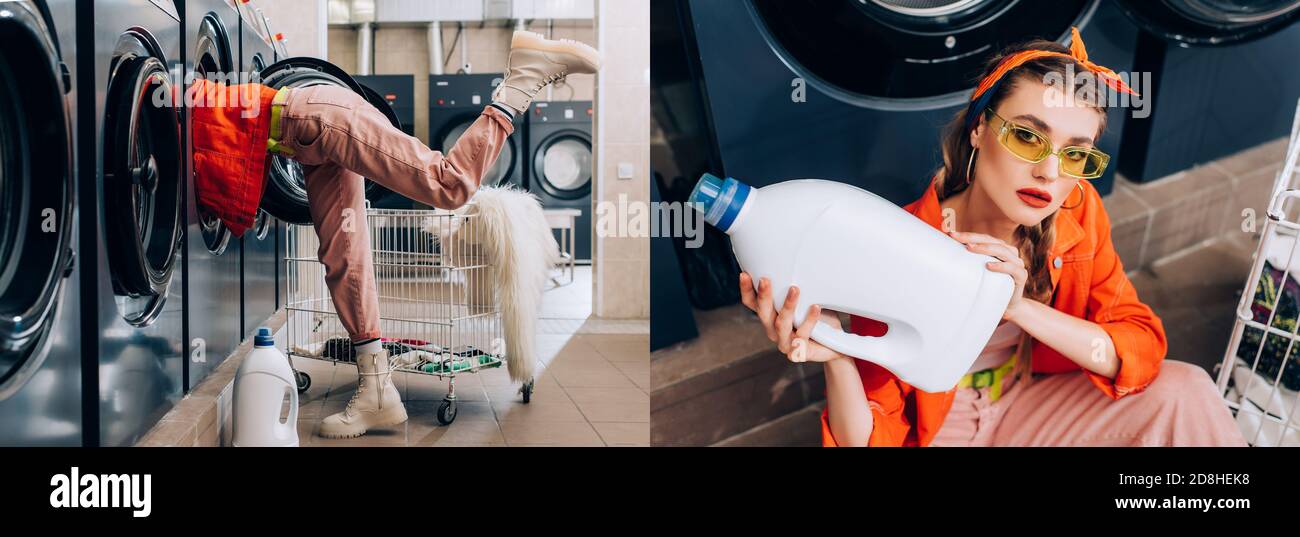 collage di donna in occhiali da sole che tengono bottiglia con detergente vicino lavatrice in lavanderia automatica Foto Stock