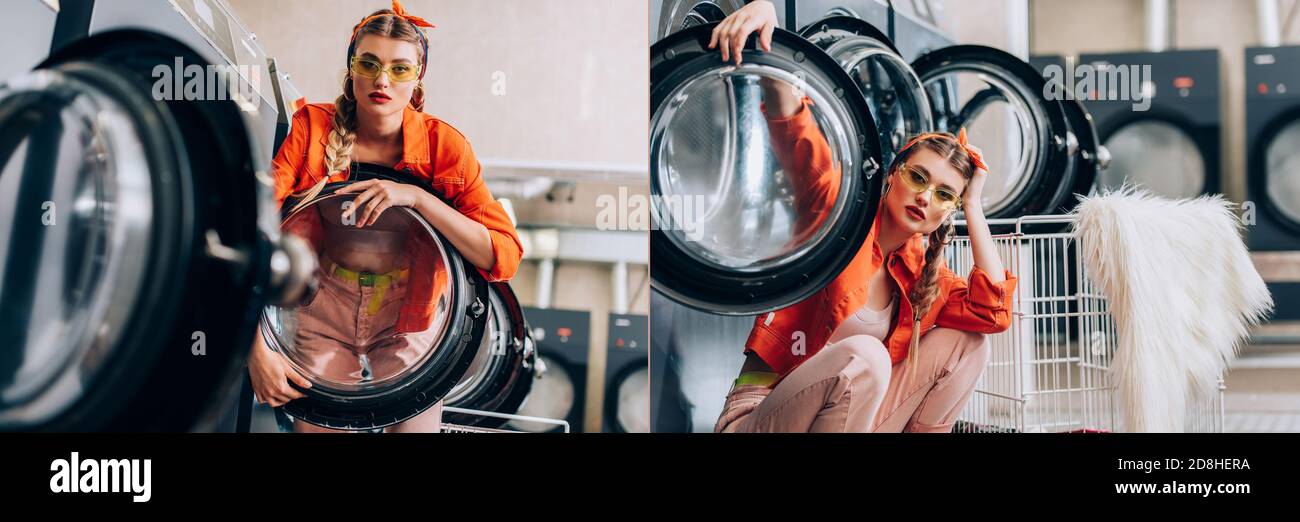 collage di donna elegante in occhiali da sole vicino crudo di lavaggio macchine nella lavanderia automatica Foto Stock