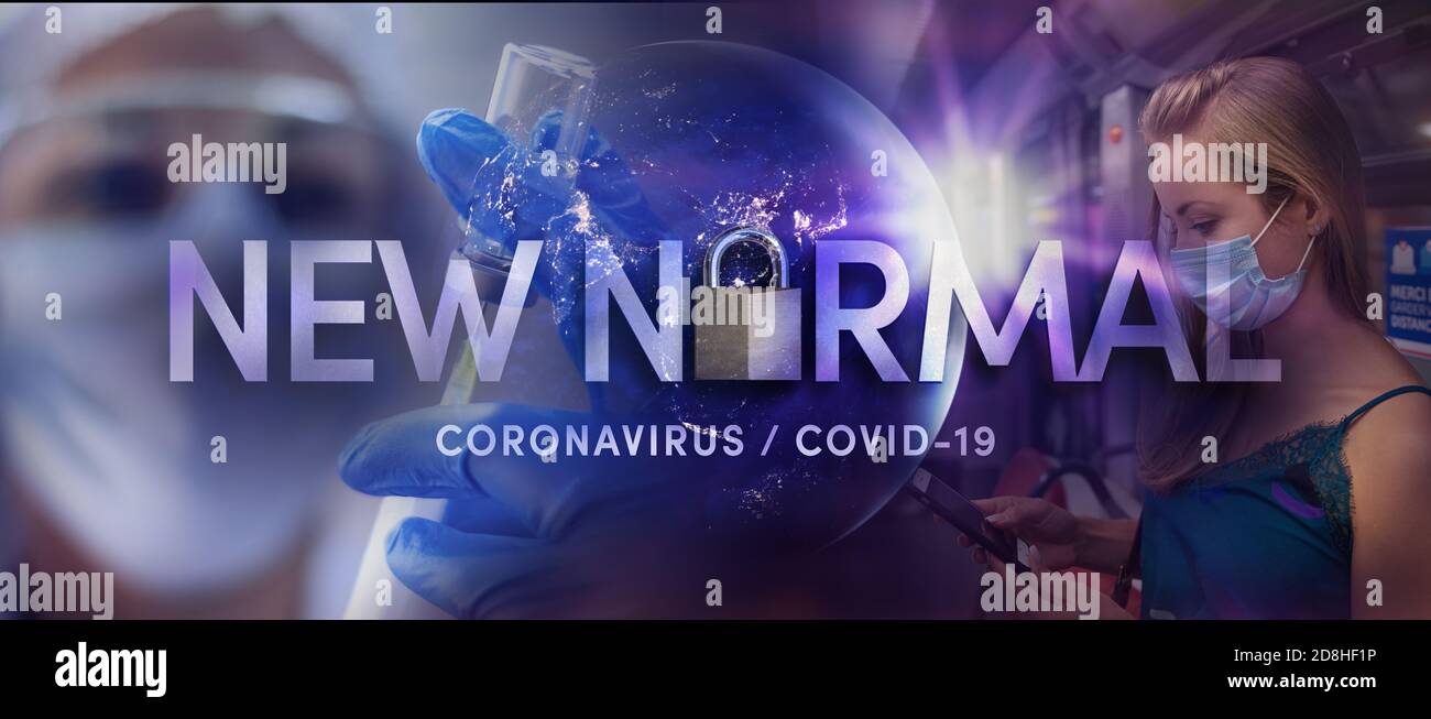 Biologia e scienza. Nuovo concetto normale. Allarme coronavirus o Covid-19. Avviso globale. Pandemia. Blocco. Info Coronavirus / Covid-19. Elementi di Thi Foto Stock