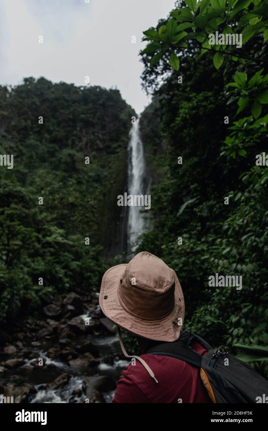 Un uomo con un cappello da spedizione guarda una cascata gigante In una foresta tropicale in Guadalupa Foto Stock