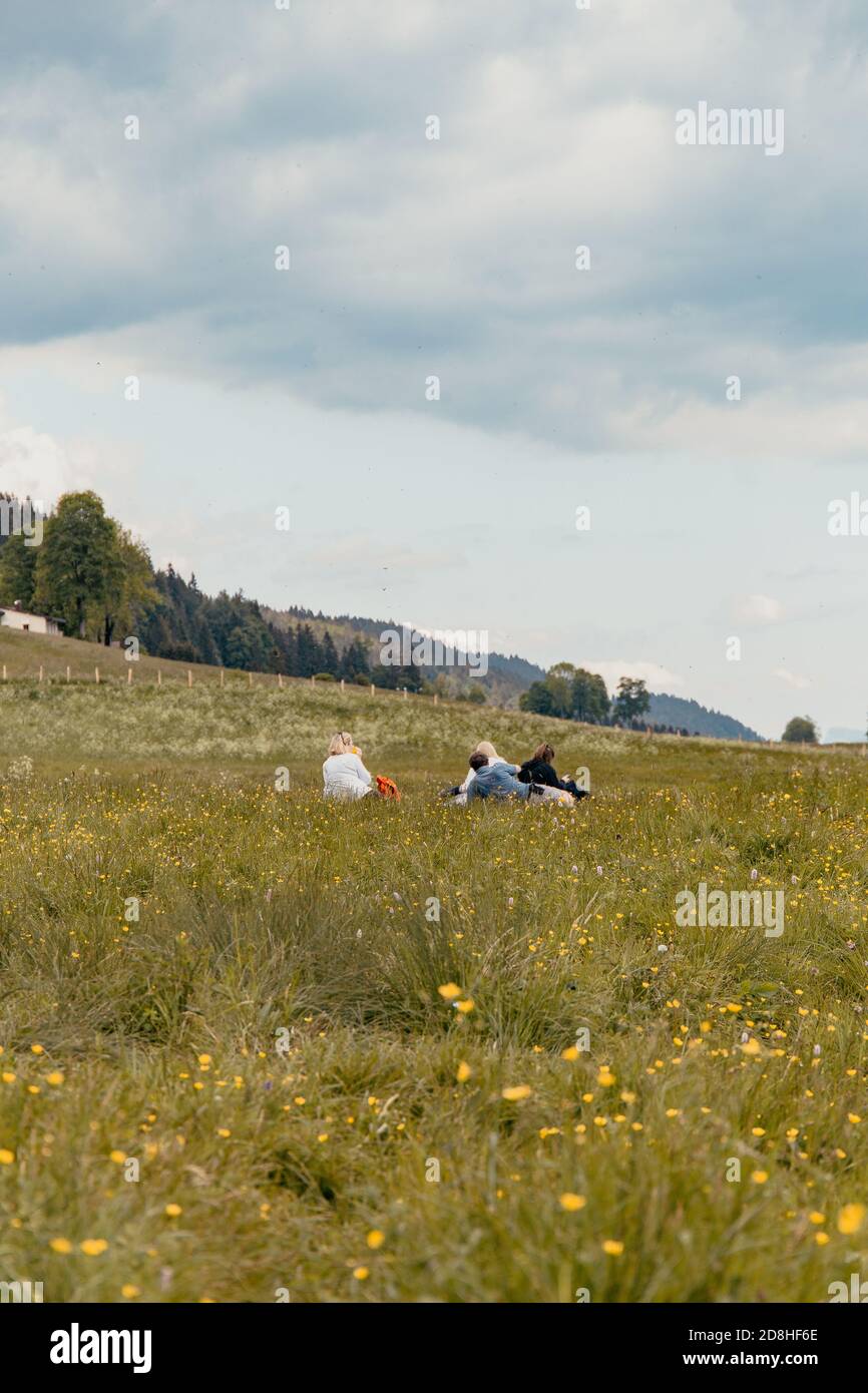 Un gruppo di amici ama fare un picnic in un campo in montagna Foto Stock