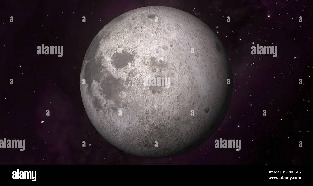 Pianeta luna con galassia colorata . 3d Moon Planet nello spazio con notte stellata colorata. Vista frontale della luna dallo spazio. Guarda la terra risoluzione 4k. Foto Stock