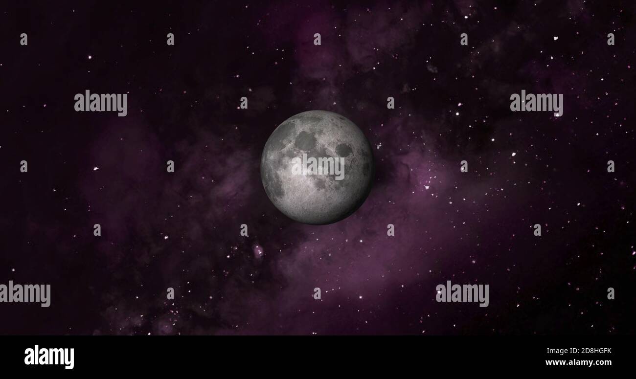 Pianeta luna con galassia colorata . 3d Moon Planet nello spazio con notte stellata colorata. Vista frontale della luna dallo spazio. Guarda la terra risoluzione 4k. Foto Stock