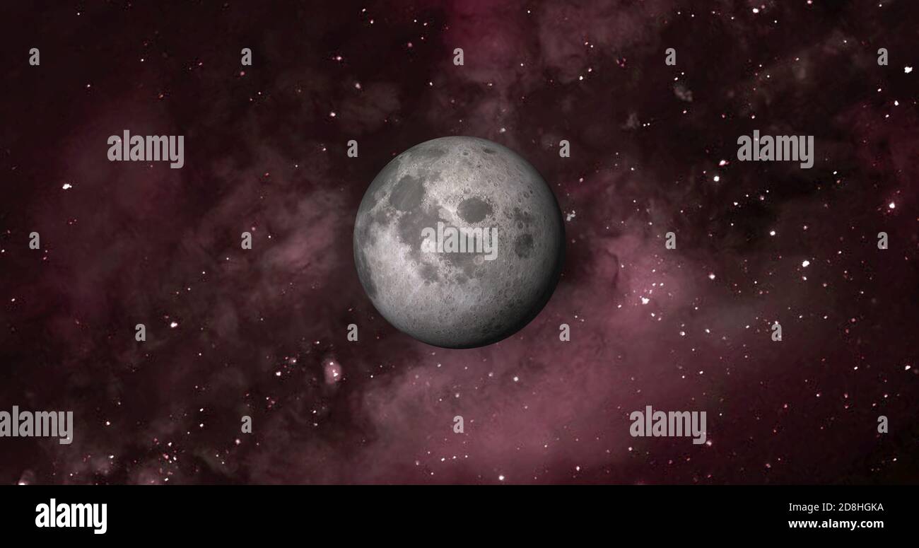 Pianeta luna con galassia colorata . 3d Moon Planet nello spazio con notte stellata colorata. Vista frontale della luna dallo spazio. Guarda la terra risoluzione 4k. Foto Stock