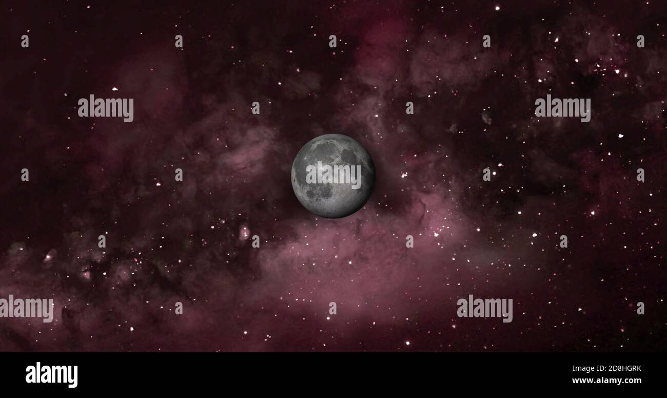 Pianeta luna con galassia colorata . 3d Moon Planet nello spazio con notte stellata colorata. Vista frontale della luna dallo spazio. Guarda la terra risoluzione 4k. Foto Stock