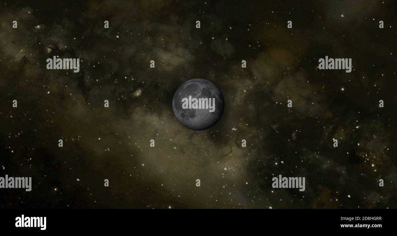 Pianeta luna con galassia colorata . 3d Moon Planet nello spazio con notte stellata colorata. Vista frontale della luna dallo spazio. Guarda la terra risoluzione 4k. Foto Stock