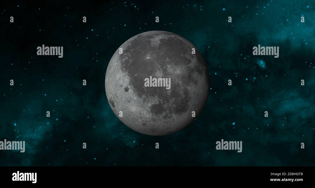 Pianeta luna con galassia colorata . 3d Moon Planet nello spazio con notte stellata colorata. Vista frontale della luna dallo spazio. Guarda la terra risoluzione 4k. Foto Stock