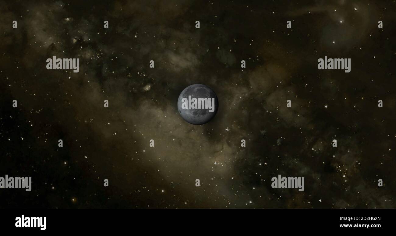 Pianeta luna con galassia colorata . 3d Moon Planet nello spazio con notte stellata colorata. Vista frontale della luna dallo spazio. Guarda la terra risoluzione 4k. Foto Stock