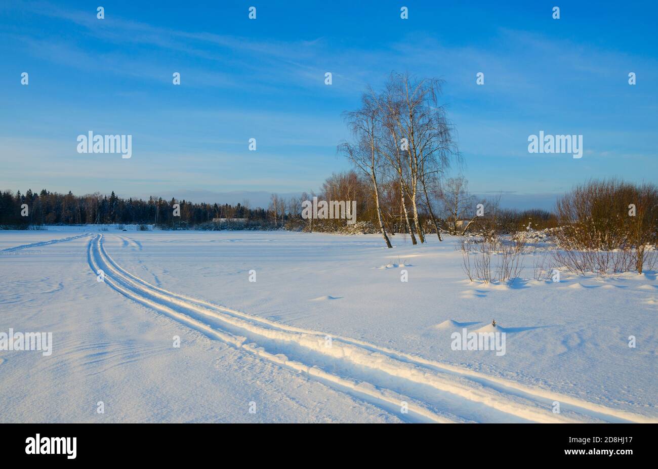 Scenario invernale soleggiato con sentiero nella neve profonda Foto Stock