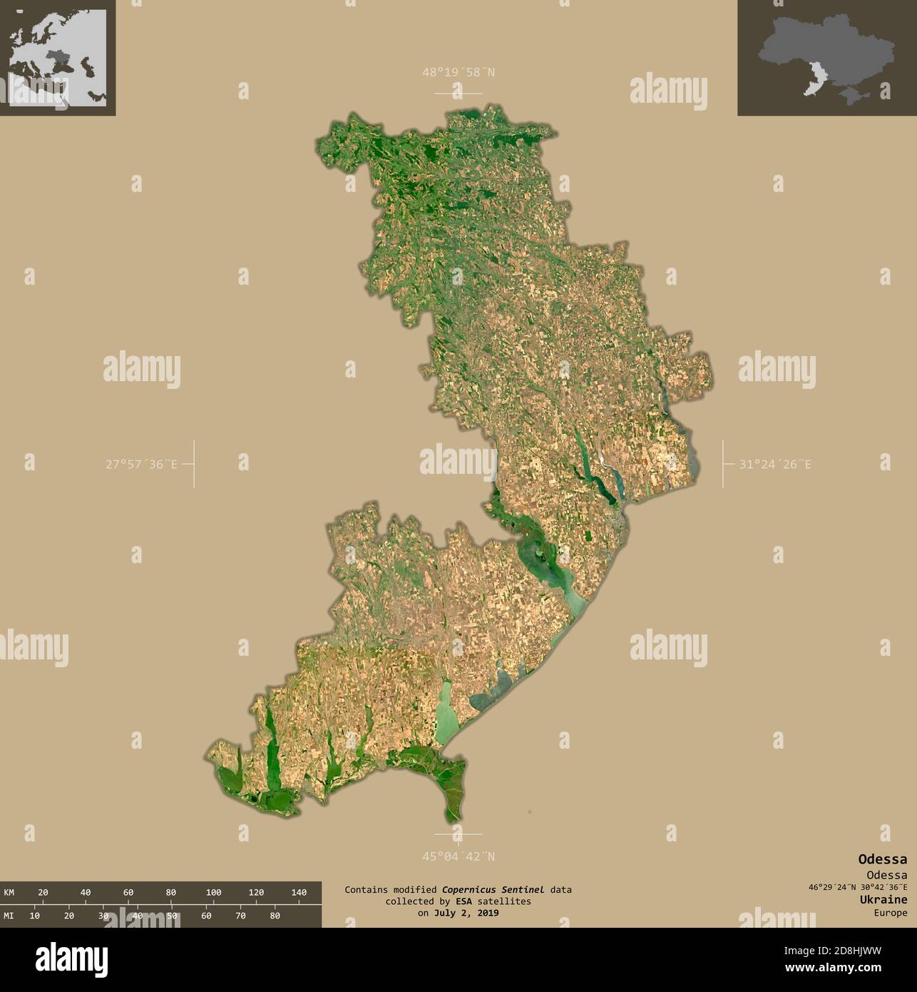 Odessa, regione dell'Ucraina. Immagini satellitari Sentinel-2. Forma isolata su fondo solido con sovrapposizioni informative. Contiene Copernicus se modificato Foto Stock