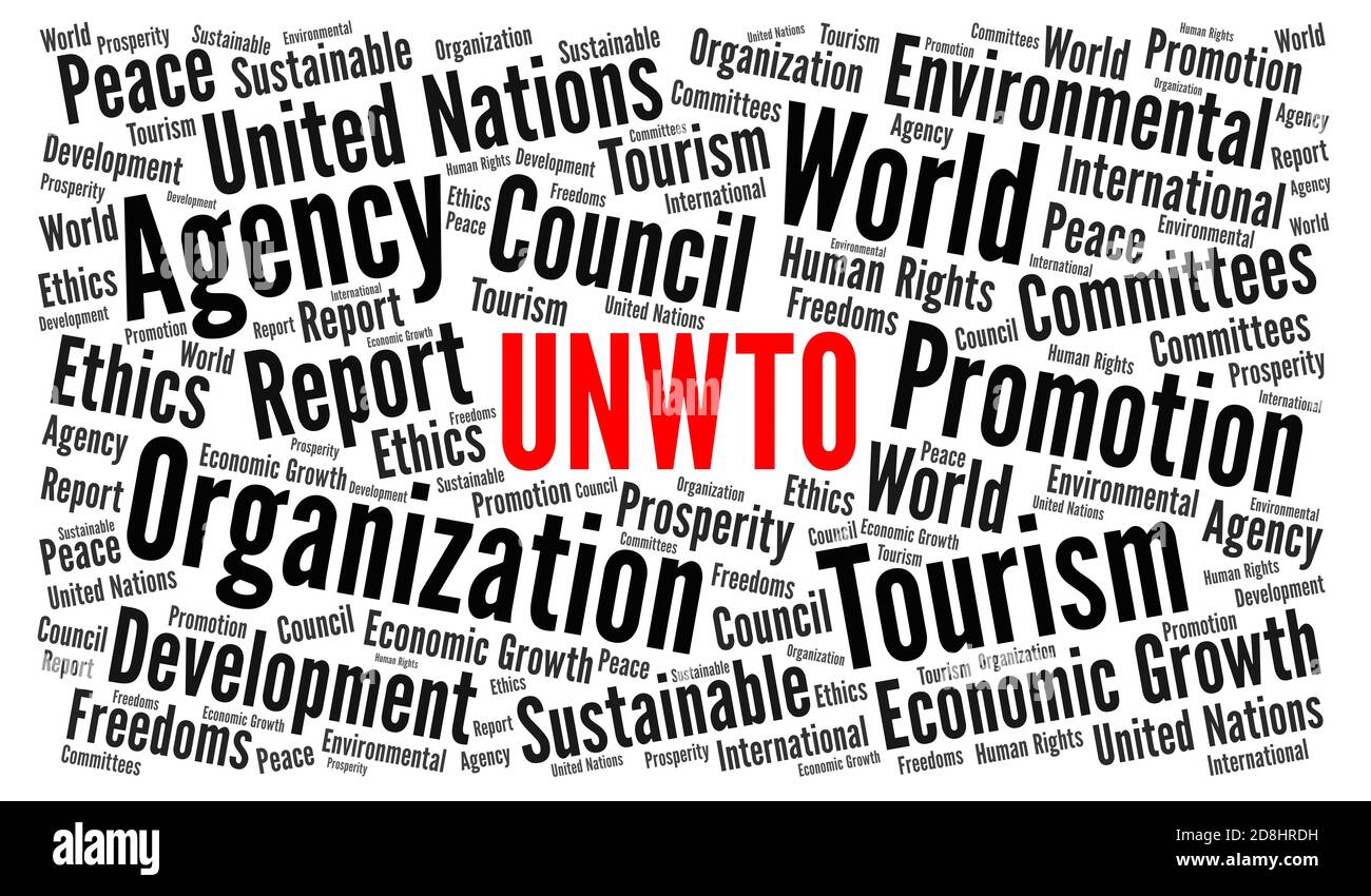 UNWTO, World Tourism Organization concetto di cloud mondiale Foto Stock