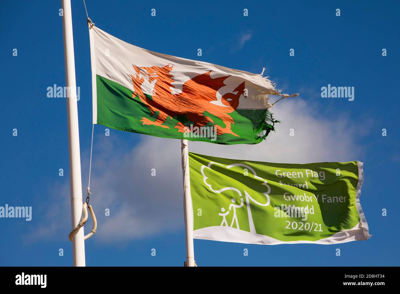 Bandiere di sicurezza per il Regno Unito, il Galles, Glamorgan, Barry Island, gallesi e verdi che volano sopra la spiaggia di Whitmore Bay Foto Stock