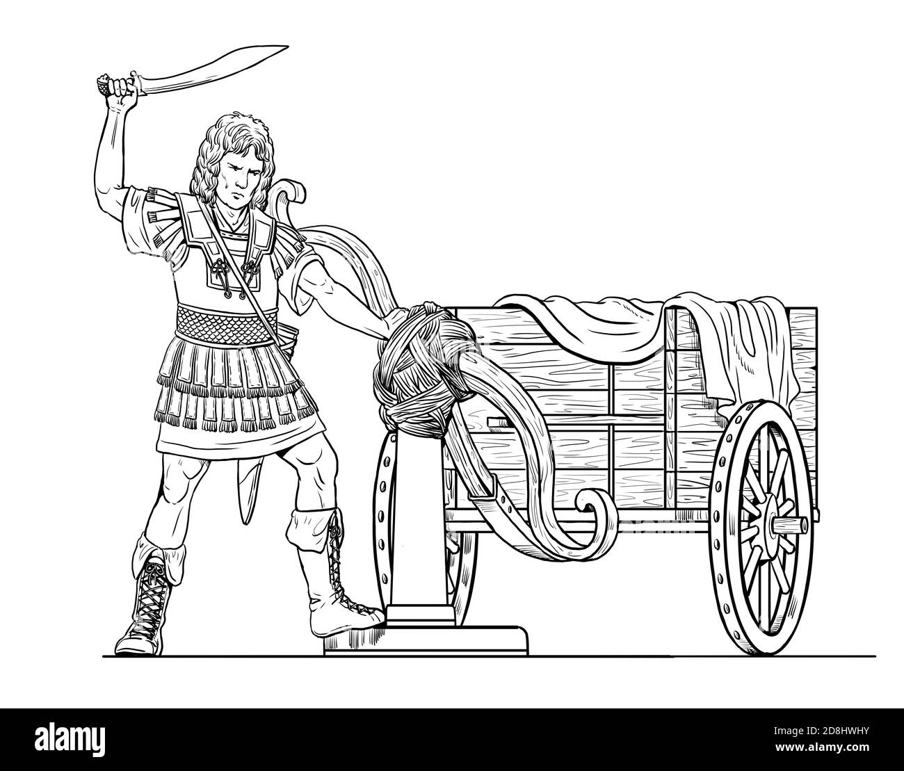 Alessandro il Grande tagliando il nodo gordiano. Disegno storico. Foto Stock