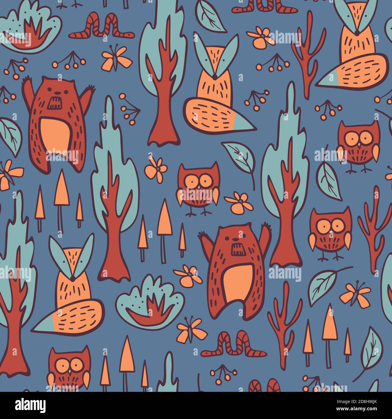 Modello senza cuciture con animali da bosco doodle su sfondo blu. Cute disegno a mano per i tessuti dei bambini. Illustrazione vettoriale. Illustrazione Vettoriale