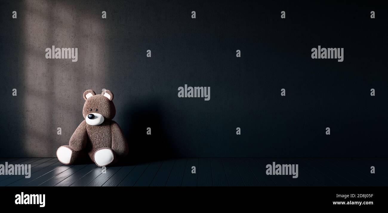 Abuso di bambini e concetto di solitudine. Teddy Bear seduto da solo in camera oscura 3d rappresentazione illustrazione 3d Foto Stock