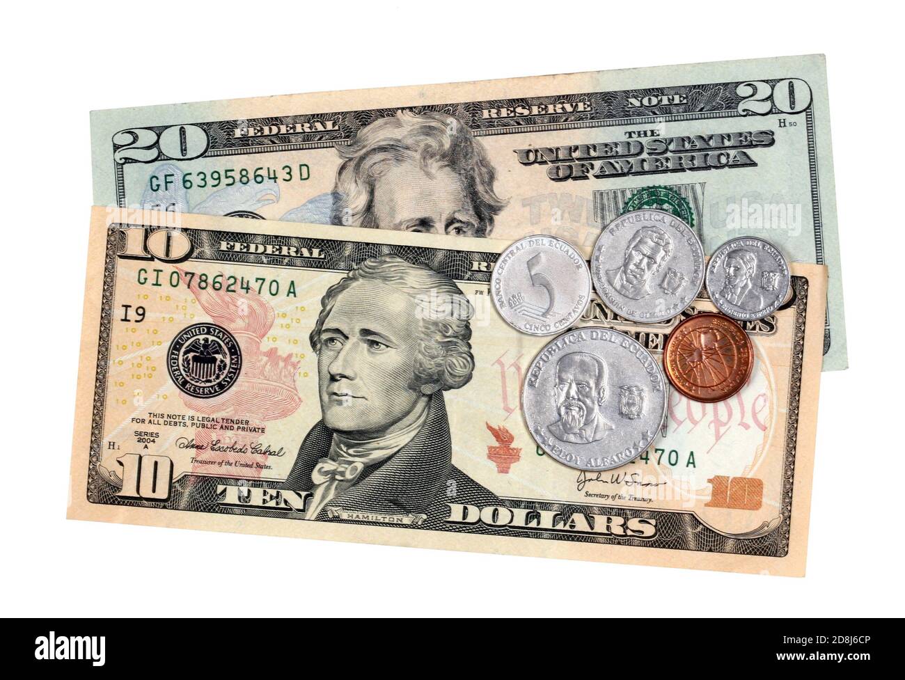 Monete da centavo e dollari statunitensi, la valuta del paese sudamericano Ecuador Foto Stock