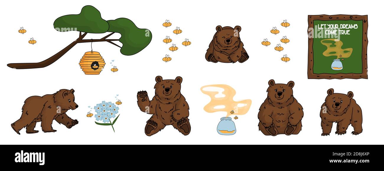 Set di orsacchiotti disegnati a mano che cammina e si siede, miele, dimentichi di me nots, alveare, odore di miele e albero, ramo, api e pittura Let You Dreams come tr Illustrazione Vettoriale