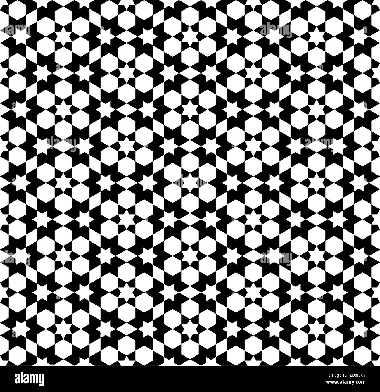 Ornamento geometrico senza cuciture basato su arte islamica tradizionale figure bianche su sfondo nero. Grande disegno per tessuto, tessuto, copertura, carta da imballaggio, Illustrazione Vettoriale