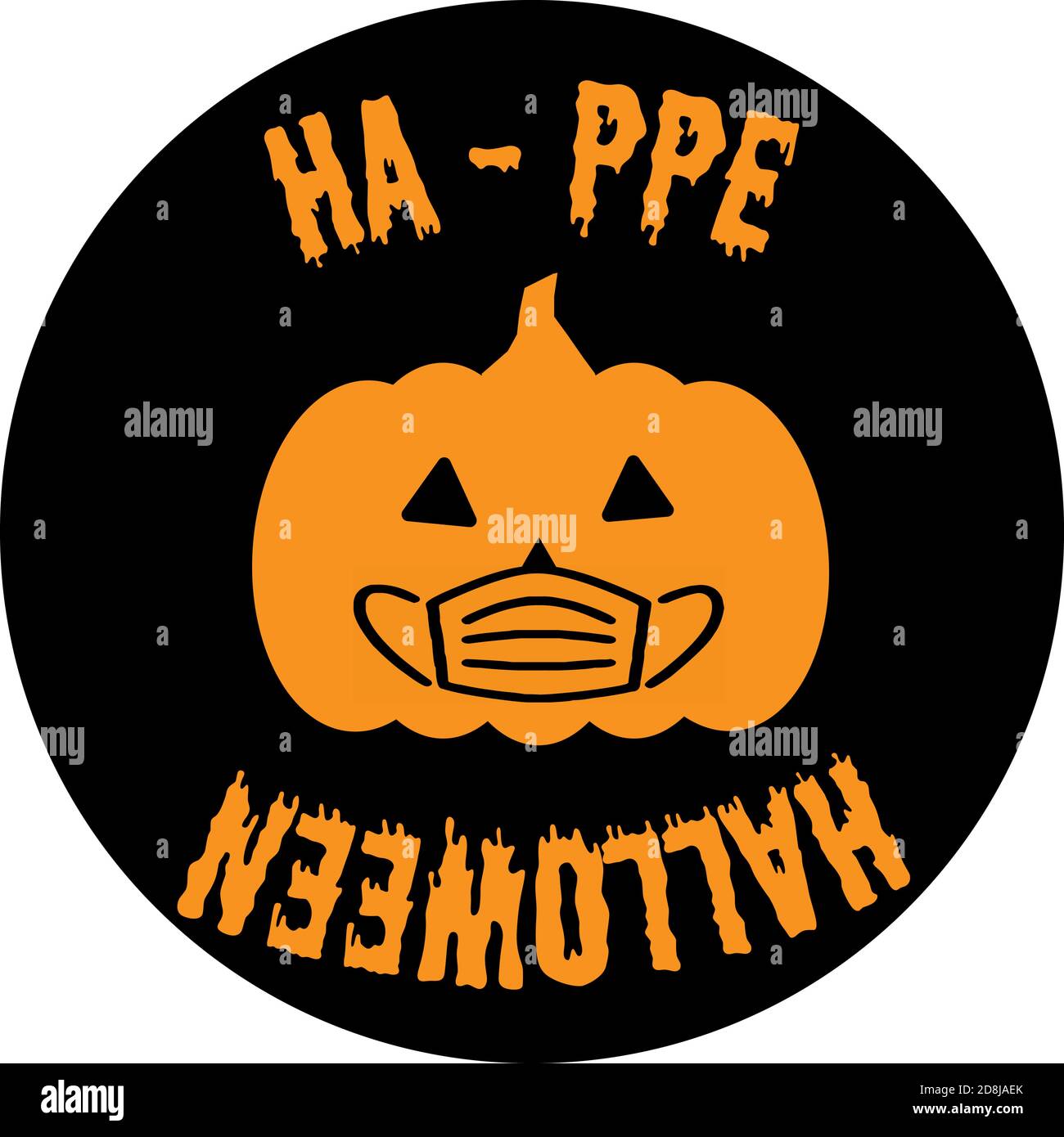 Zucca di Halloween in maschera. Ha-PPE testo di Halloween per rappresentare il PPE e la situazione attuale pandemia in tutto il mondo. Illustrazione Vettoriale