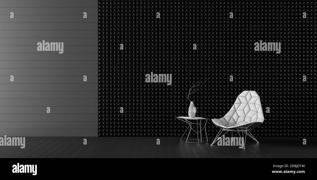 Interni dal design moderno del soggiorno con poltrona bianca. Parete nera e spazio di copia a sinistra per il rendering 3d dell'illustrazione Foto Stock