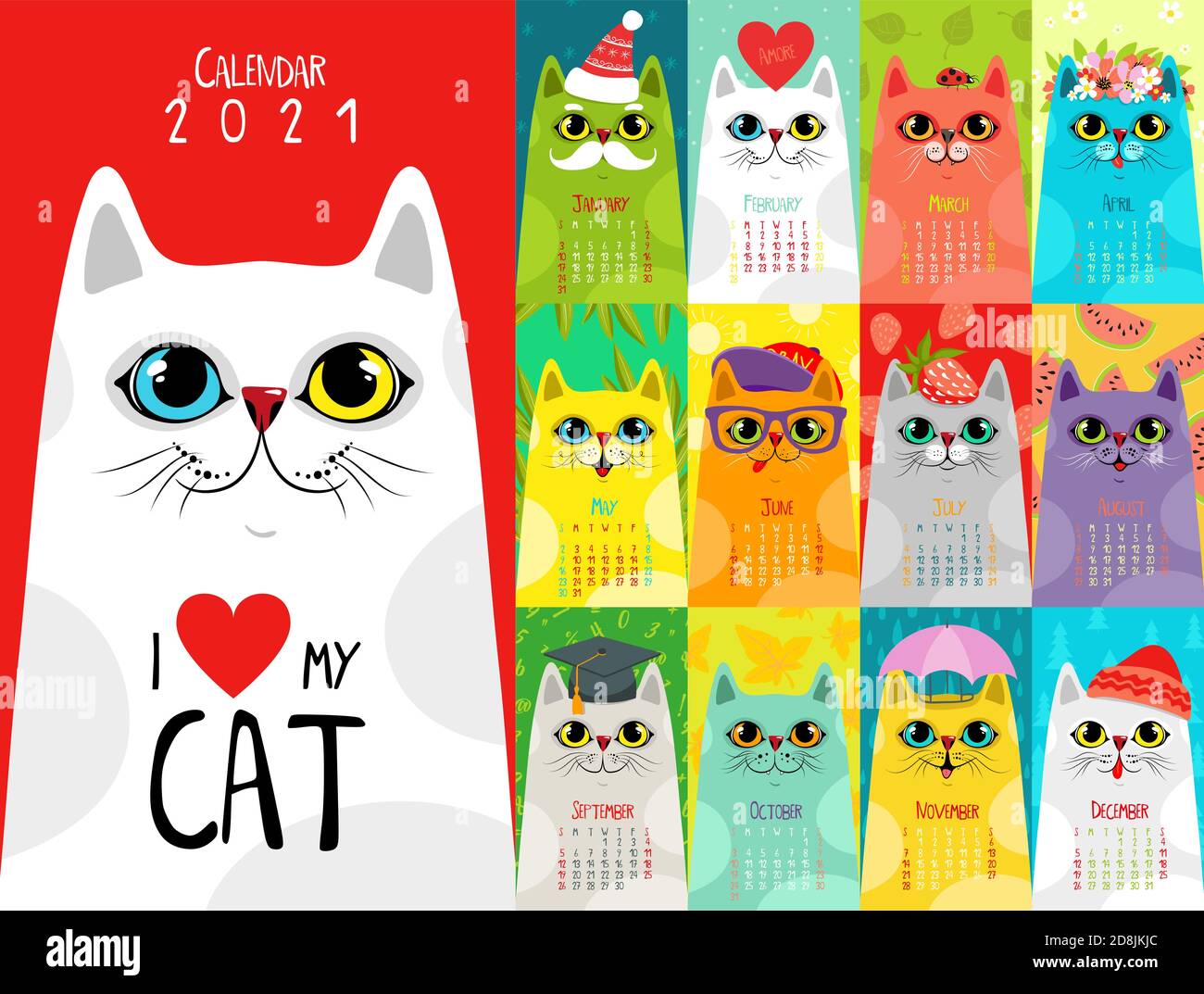 Calendario 2021 con carattere gatto. Illustrazione vettoriale EPS10 Illustrazione Vettoriale