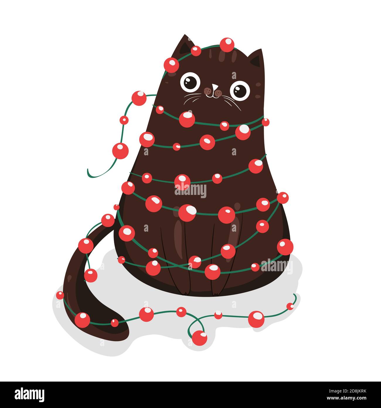 Gatto nero con lampadina di luci di ghirlanda. Gattino stella. Buon Natale. Divertente gatto Kawaii. Carino personaggio del bambino cartoon Illustrazione Vettoriale