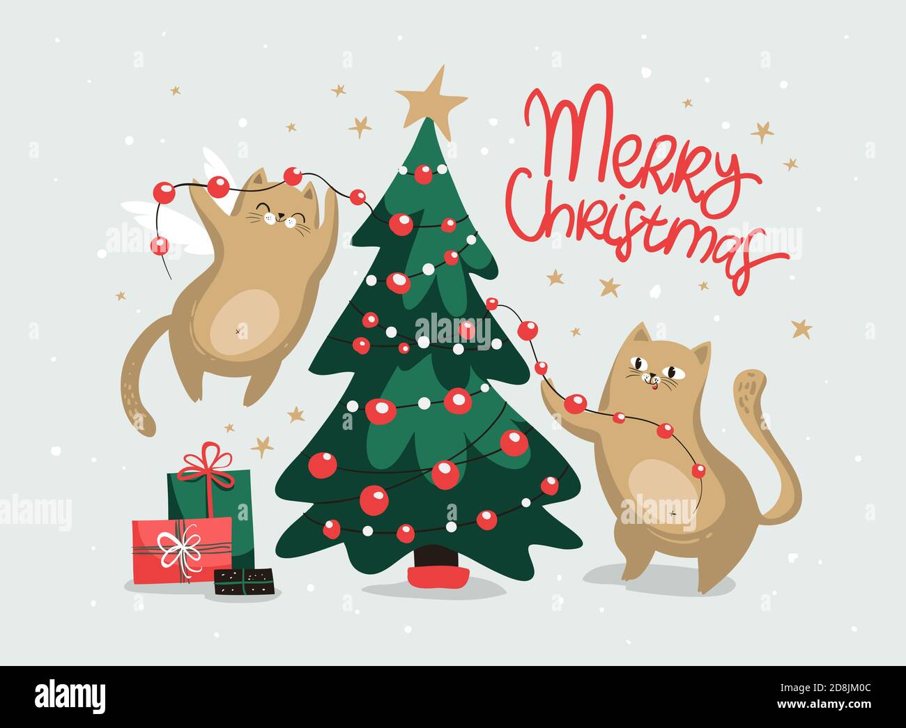 Buon biglietto d'auguri natalizio con gatti, regali, stelle e albero di  natale. Illustrazione vettoriale EPS 10 Immagine e Vettoriale - Alamy