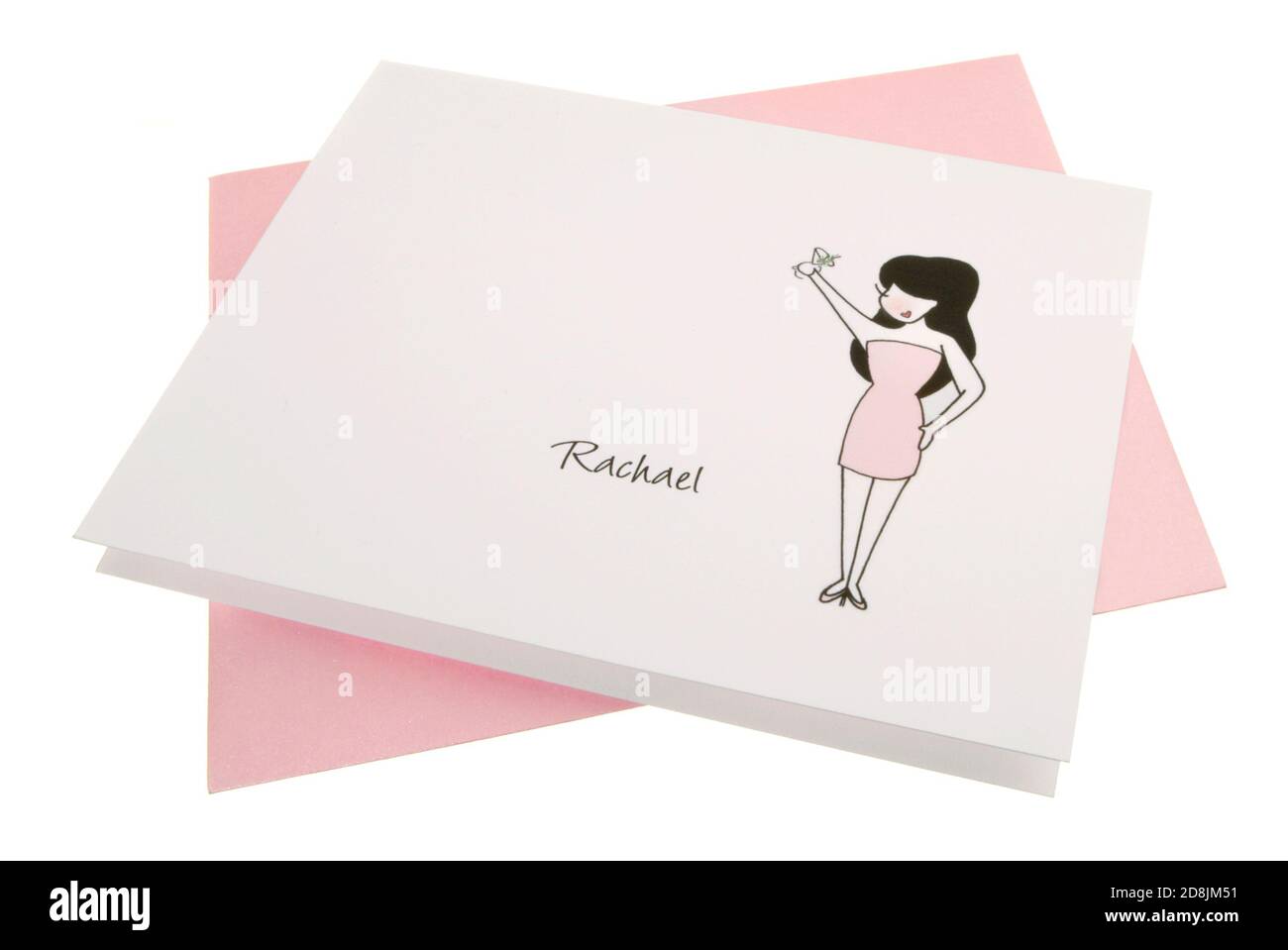 cartolina e busta rosa e bianca fotografata con sofilosofia su sfondo bianco Foto Stock