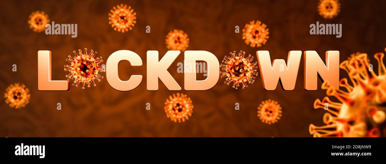 Rendering 3D: Testo "Lockdown" con virus Corona incorporati e circostanti in colore arancione - dimensione banner Web. Messa a fuoco selettiva Foto Stock