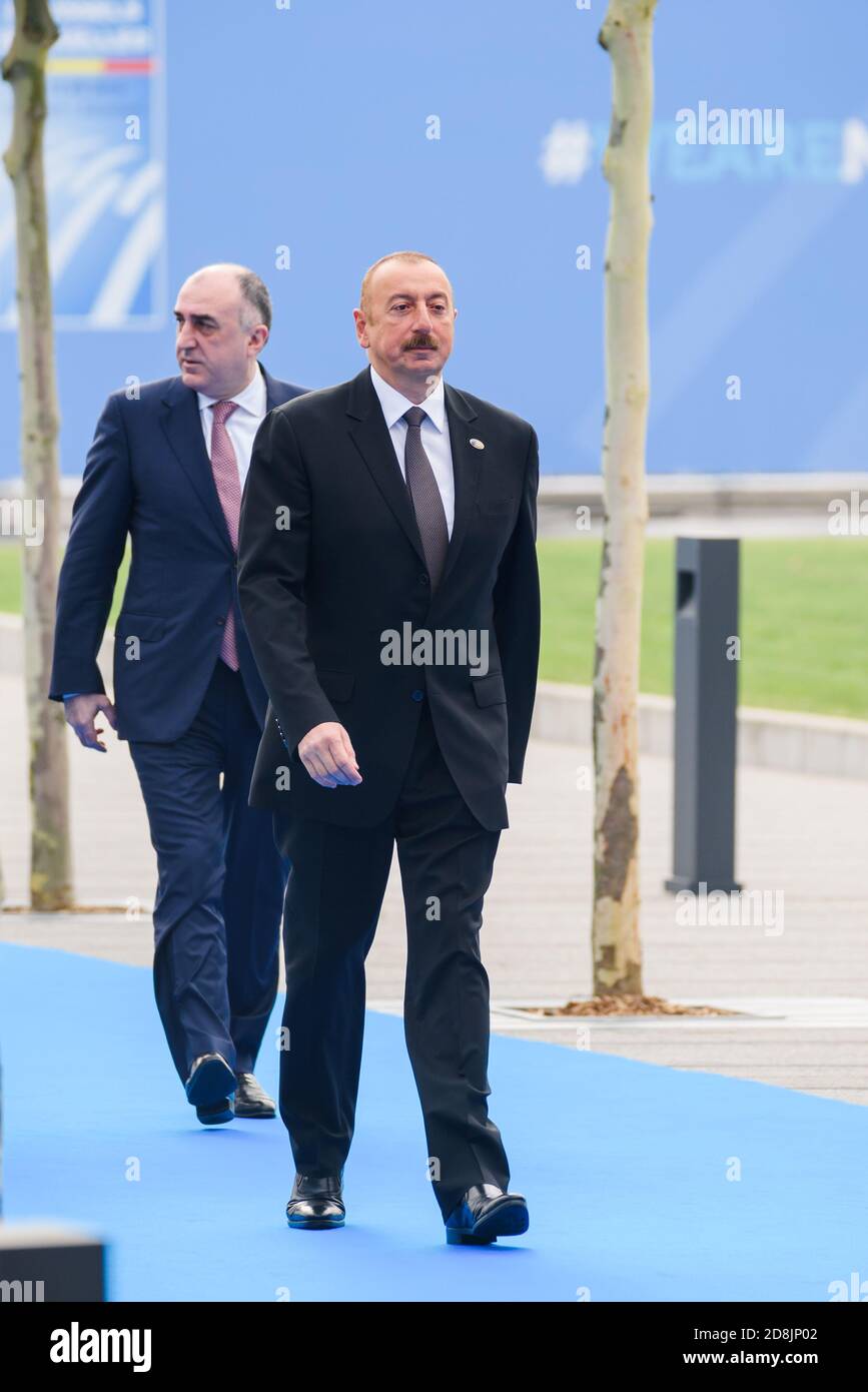 BRUXELLES, BELGIO. 12 luglio 2018. Ilham Aliyev, presidente dell'Azerbaigian, durante l'arrivo dei leader mondiali al VERTICE NATO (Organizzazione del Trattato Nord Atlantico) del 2018. Foto Stock