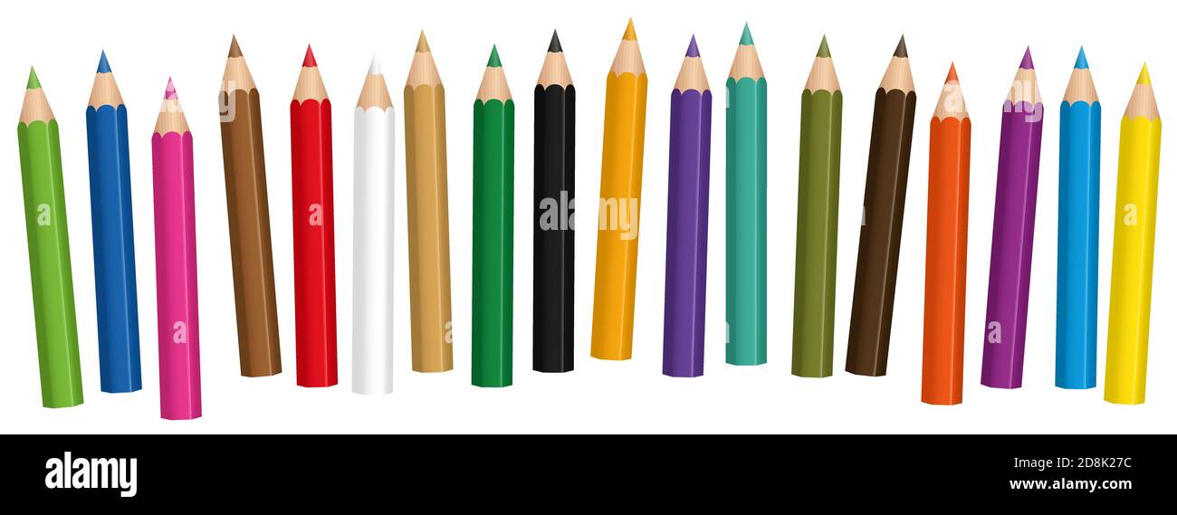 Matita corta, colori misti, set matita bambino, disposti in modo lasco - illustrazione su sfondo bianco. Foto Stock