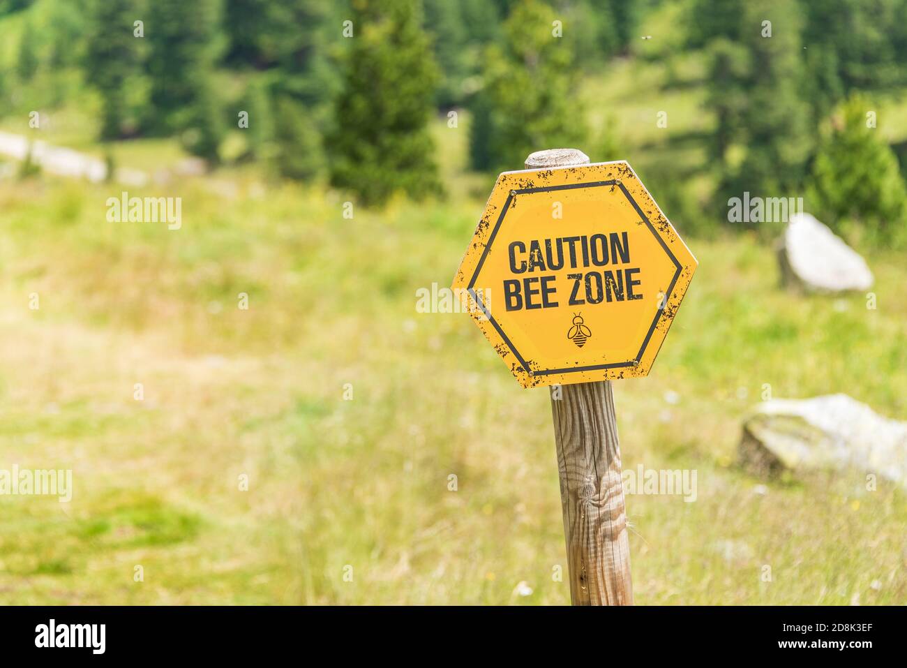 Bee zone avvertimento giallo e nero luminoso cartello di avvertimento su un palo di legno posto sullo sfondo di un sentiero di montagna. Foto Stock