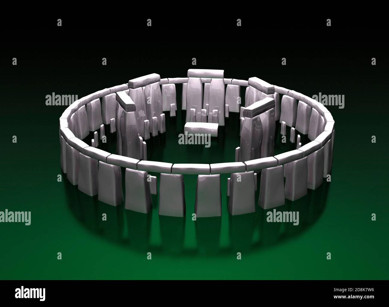 Illustrazione di uno Stonehenge intatto. Stonehenge è un'antica sistemazione di grandi pietre in piedi sulla piana di Salisbury, Regno Unito. Si ritiene che sia stato costruito intorno al 2000 a.C. da popoli neolitici. Alcune delle pietre sono pensate per formare i marcatori che indicano i punti di salita e di messa a punto per il Sole e. Foto Stock