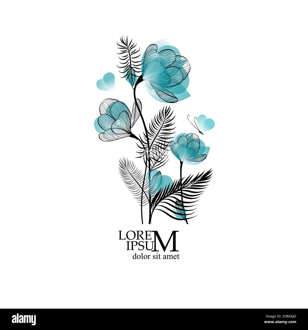 Delicati fiori blu con farfalla. Illustrazione vettoriale Illustrazione Vettoriale