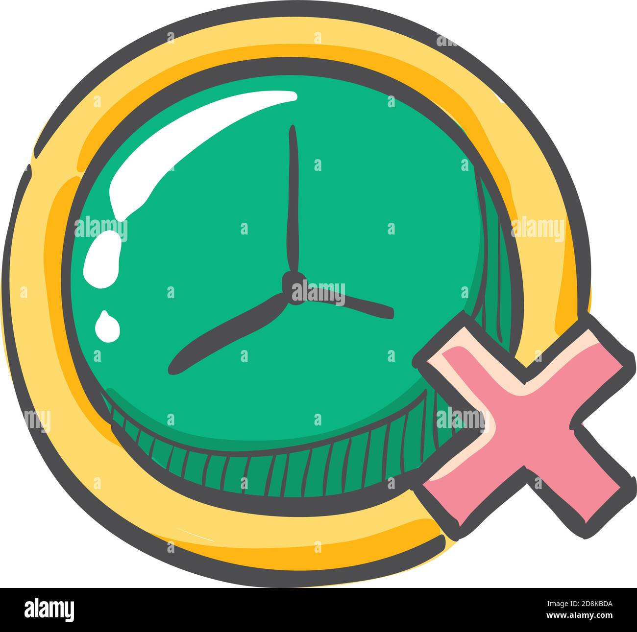 Orologio con icona a croce nel disegno a colori. Tempo di attesa, coda Illustrazione Vettoriale