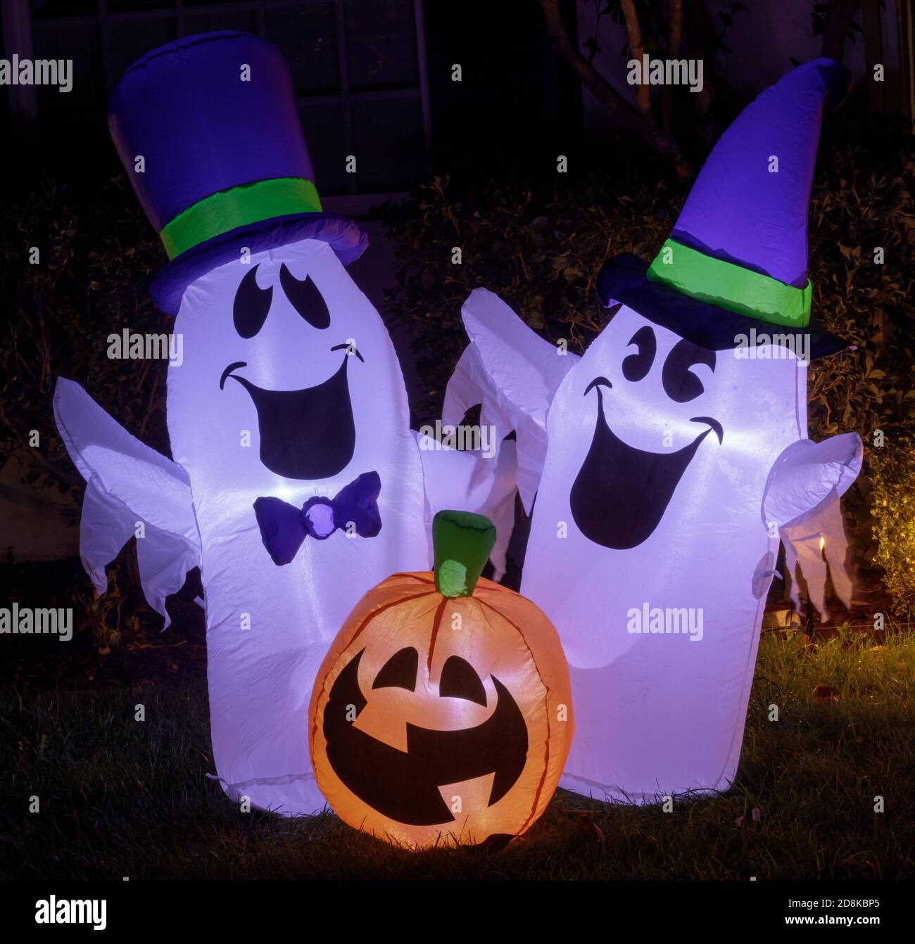 Fiostie gonfiabili del cortile e aratro di zucca nel buio Foto Stock