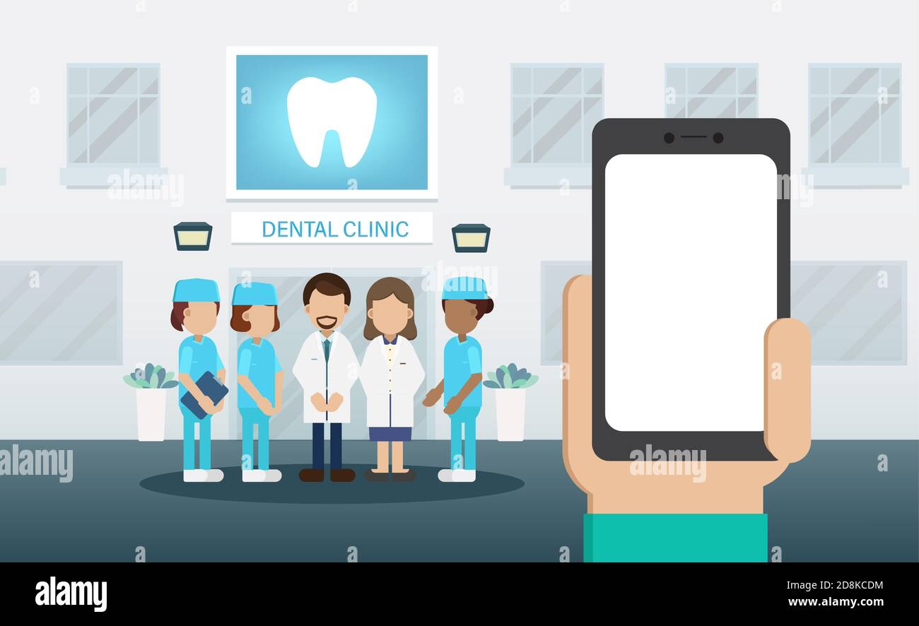 Telefono cellulare a schermo vuoto con dentista e personale medico piatto disegno di illustrazione vettoriale Illustrazione Vettoriale