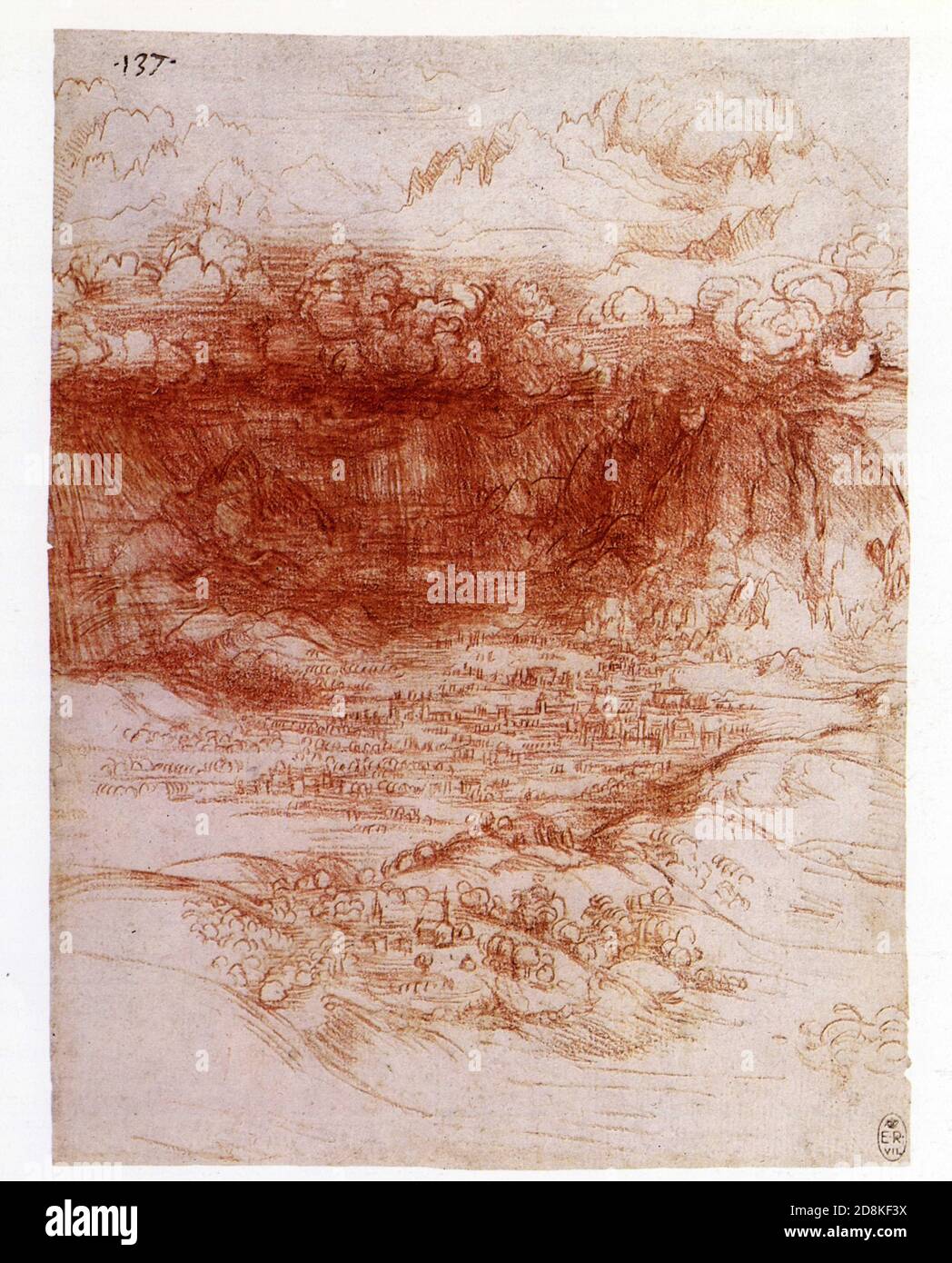 Leonardo da Vinci. Tempesta su una valle ai piedi delle Alpi. 1506. gesso rosso Foto Stock