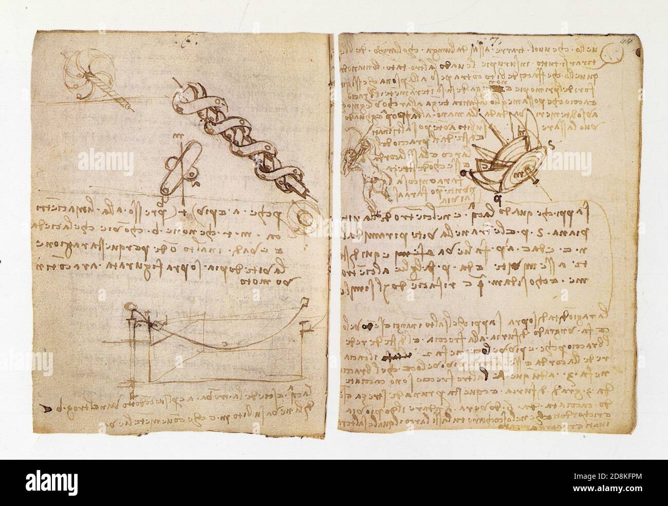 Leonardo da Vinci. Studi di vite ad acqua e pompe per il moto perpetuo e di un uomo che spara una freccia. 1493. Penna e inchiostro Foto Stock