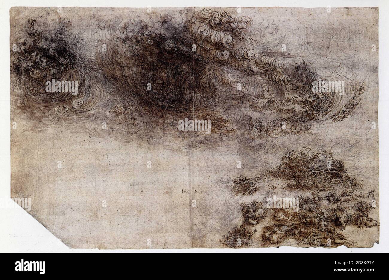 Leonardo da Vinci. Uragano su cavalieri e alberi.1518. Penna e inchiostro su gesso nero con tocchi di lavaggio e tracce di bianco, su carta lavata grigia Foto Stock