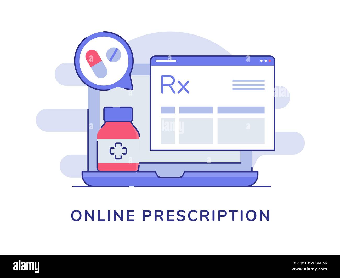 Online prescrizione concetto pillola farmaco compressa bottiglia di carta sul portatile sfondo bianco isolato con stile piatto Illustrazione Vettoriale