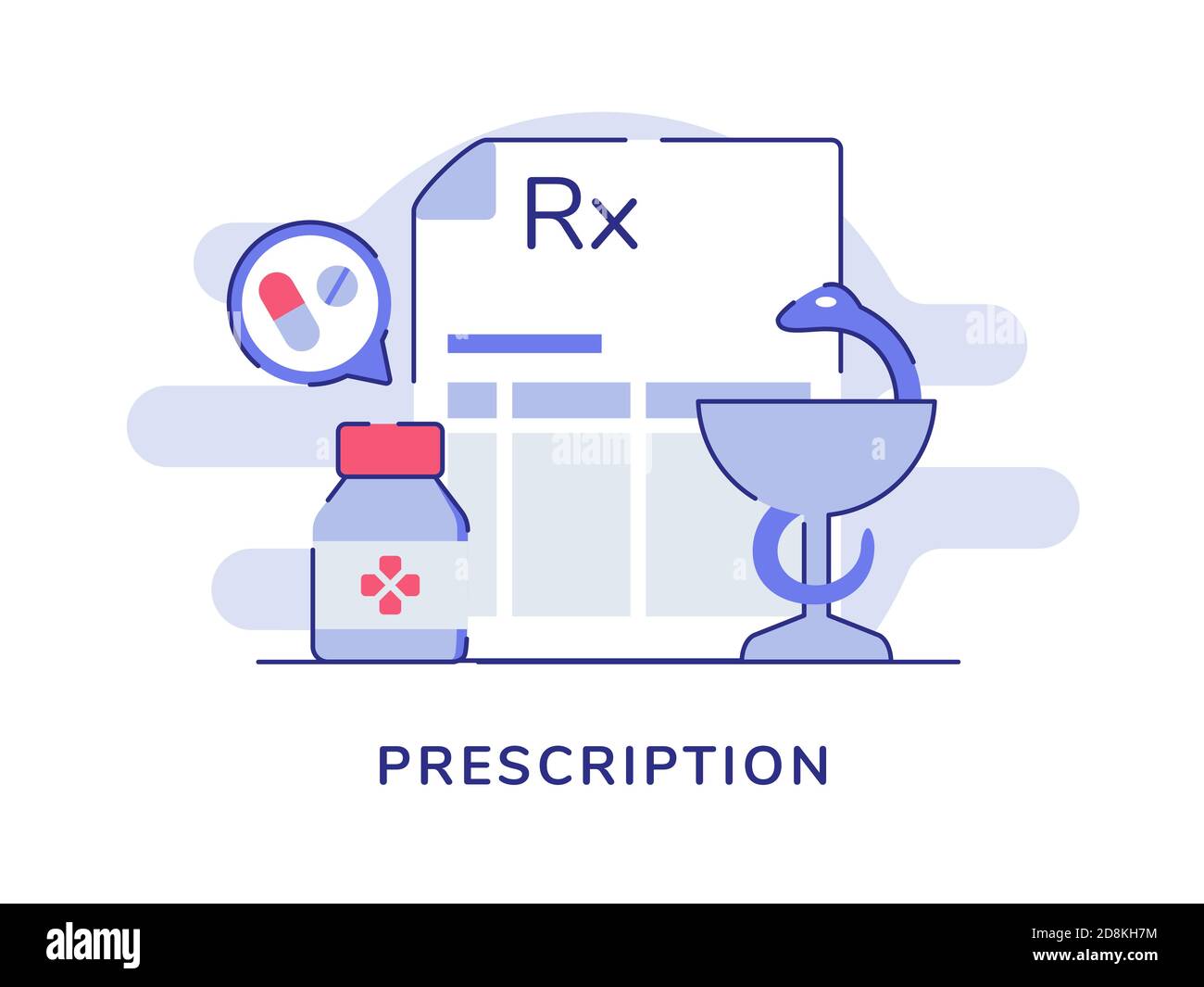 Prescrizione di carta flacone di droga serpente vetro bianco sfondo isolato con stile di contorno a colori piatti Illustrazione Vettoriale