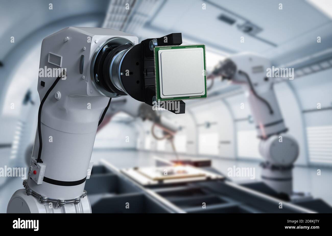 chip cpu robot per il rendering manuale 3d in fabbrica Foto Stock
