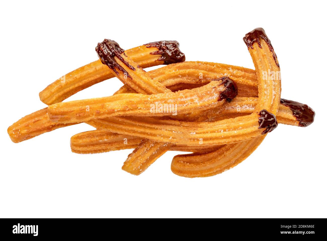 Churros isolati. Pasta fritta con zucchero e salsa al cioccolato immergere su fondo bianco. Vista dall'alto Foto Stock